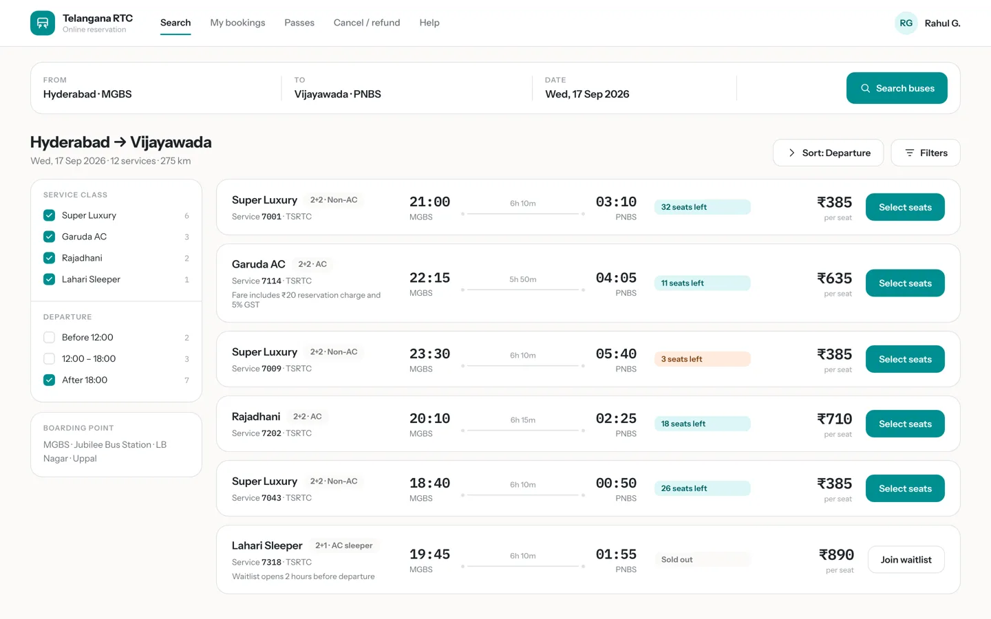 CRMS passenger site showing bus search results with seats and fares